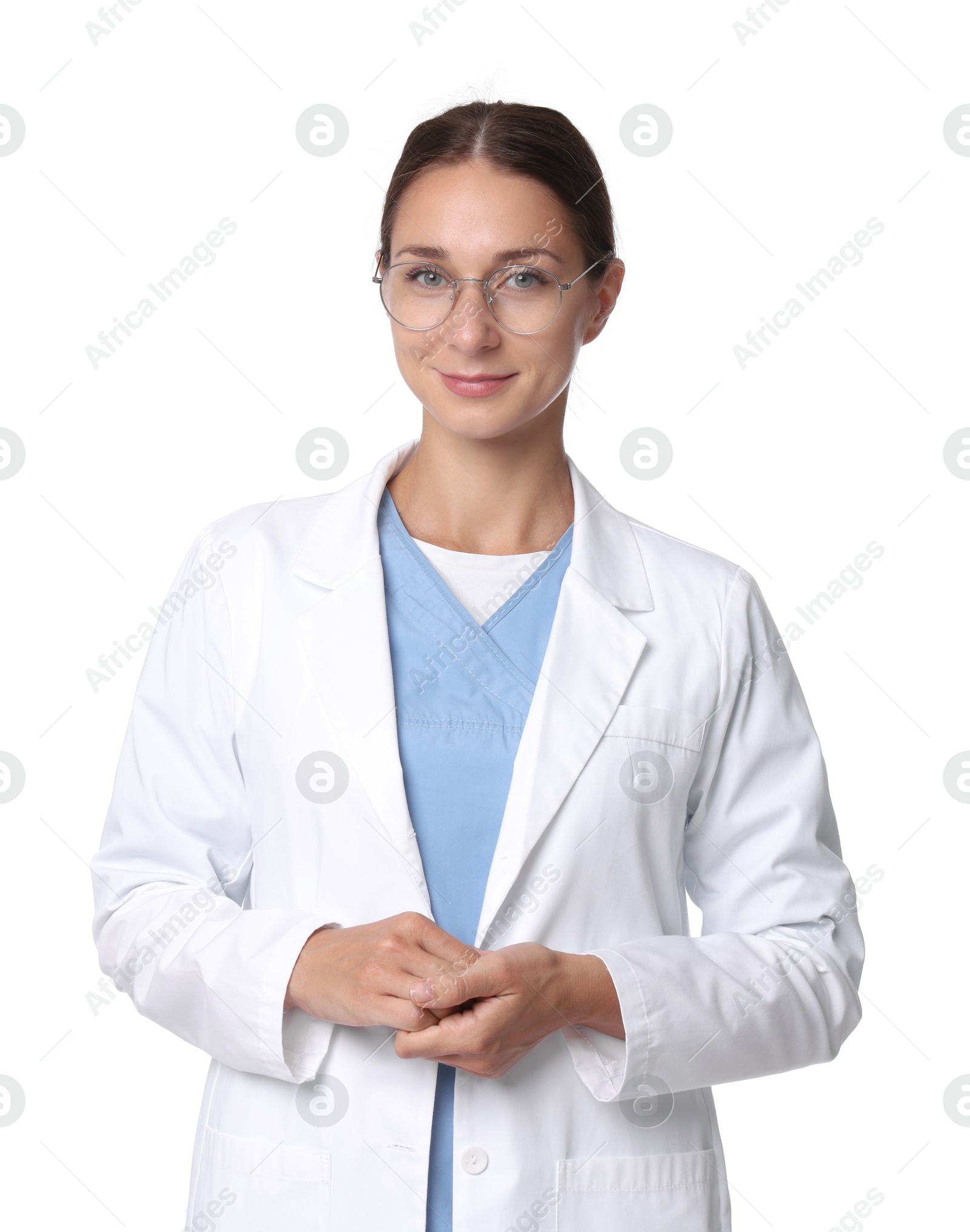 Photo of Nurse in medical uniform on white background