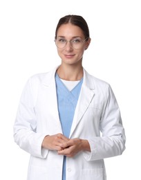 Photo of Nurse in medical uniform on white background