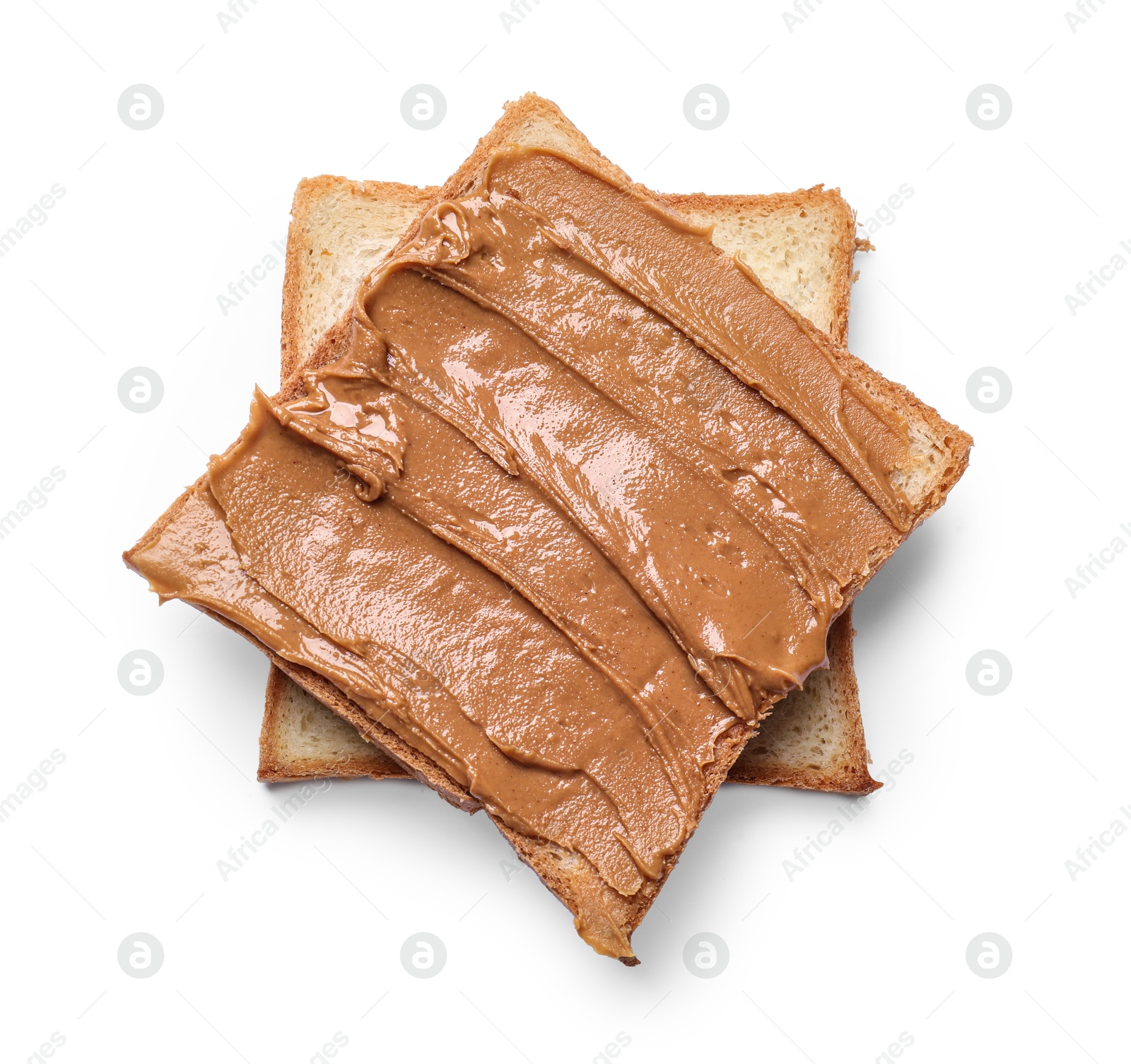 Photo of Tasty sandwich with peanut butter isolated on white, top view