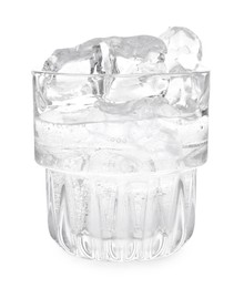 Photo of Refreshing water with ice in glass isolated on white