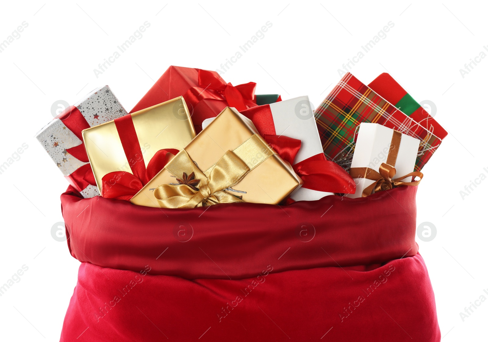 Photo of Santa Claus bag with gift boxes isolated on white