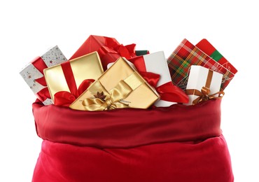 Photo of Santa Claus bag with gift boxes isolated on white