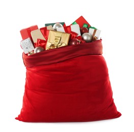 Photo of Santa Claus bag with gift boxes and Christmas balls isolated on white