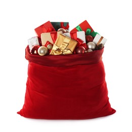 Photo of Santa Claus bag with gift boxes and Christmas balls isolated on white