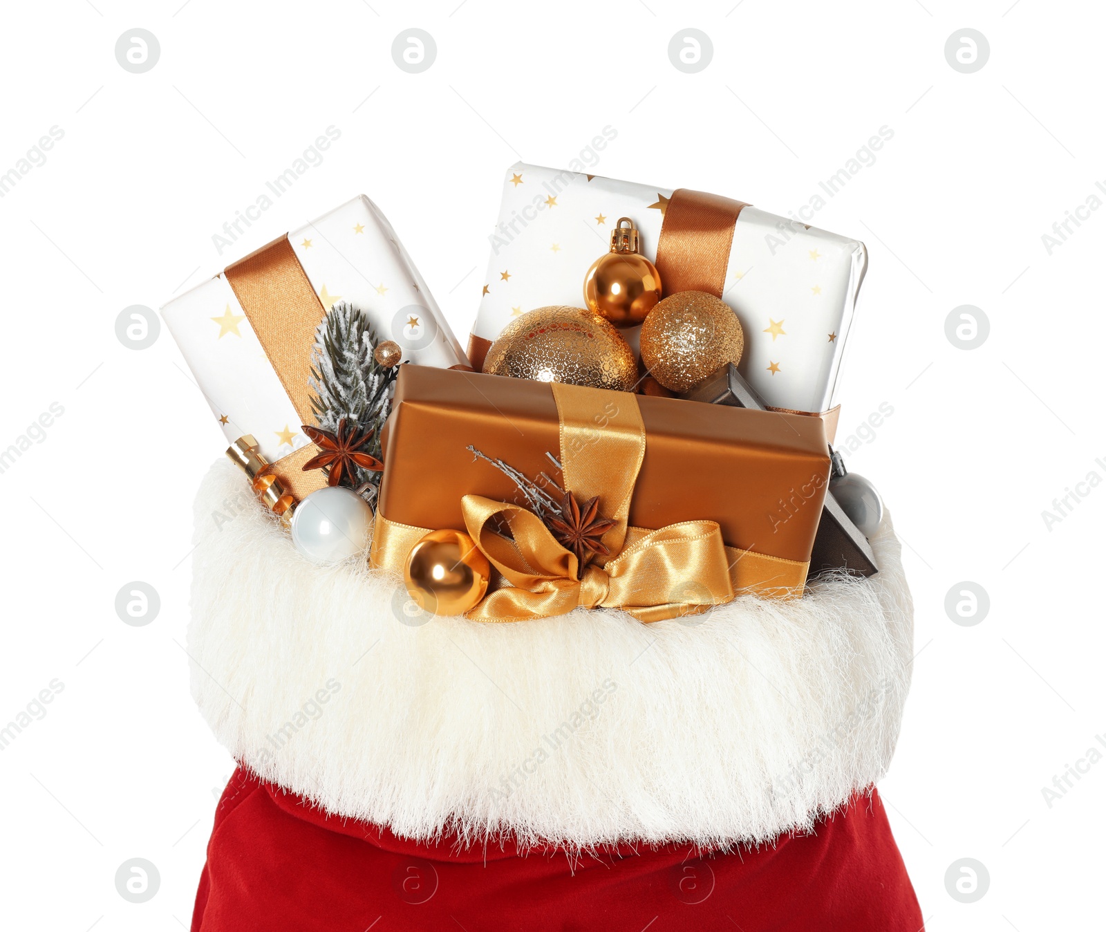 Photo of Santa Claus bag with gift boxes and Christmas balls isolated on white