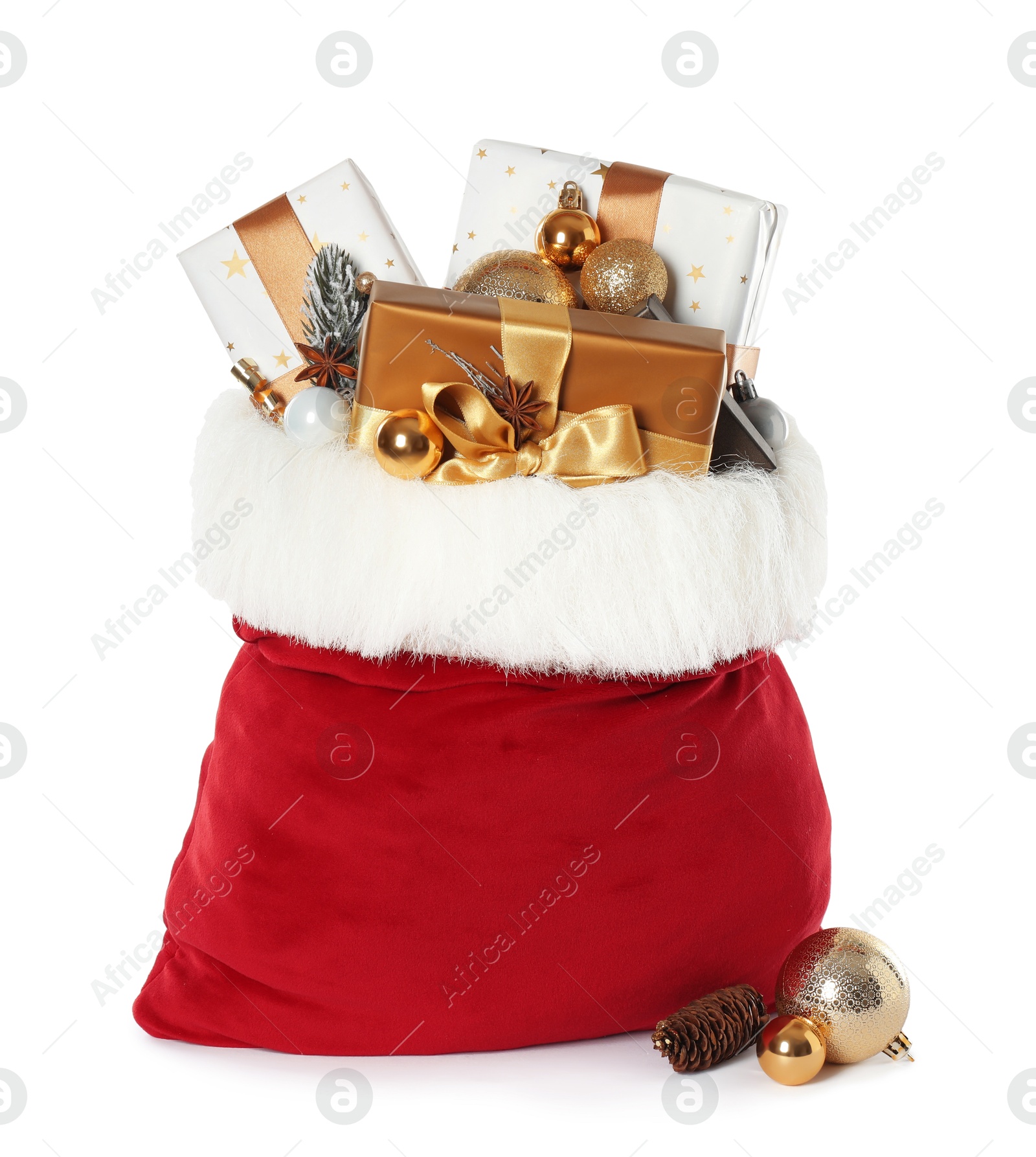 Photo of Santa Claus bag with gift boxes and Christmas balls isolated on white