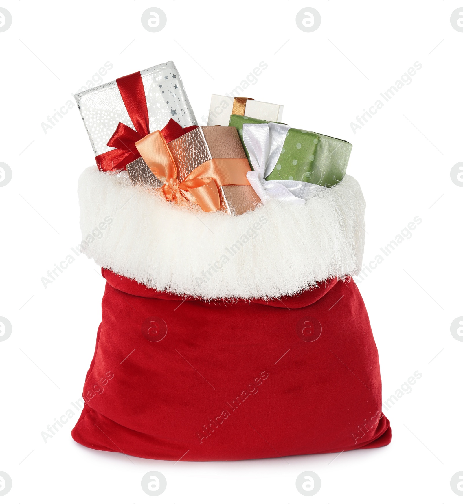 Photo of Santa Claus bag with gift boxes isolated on white