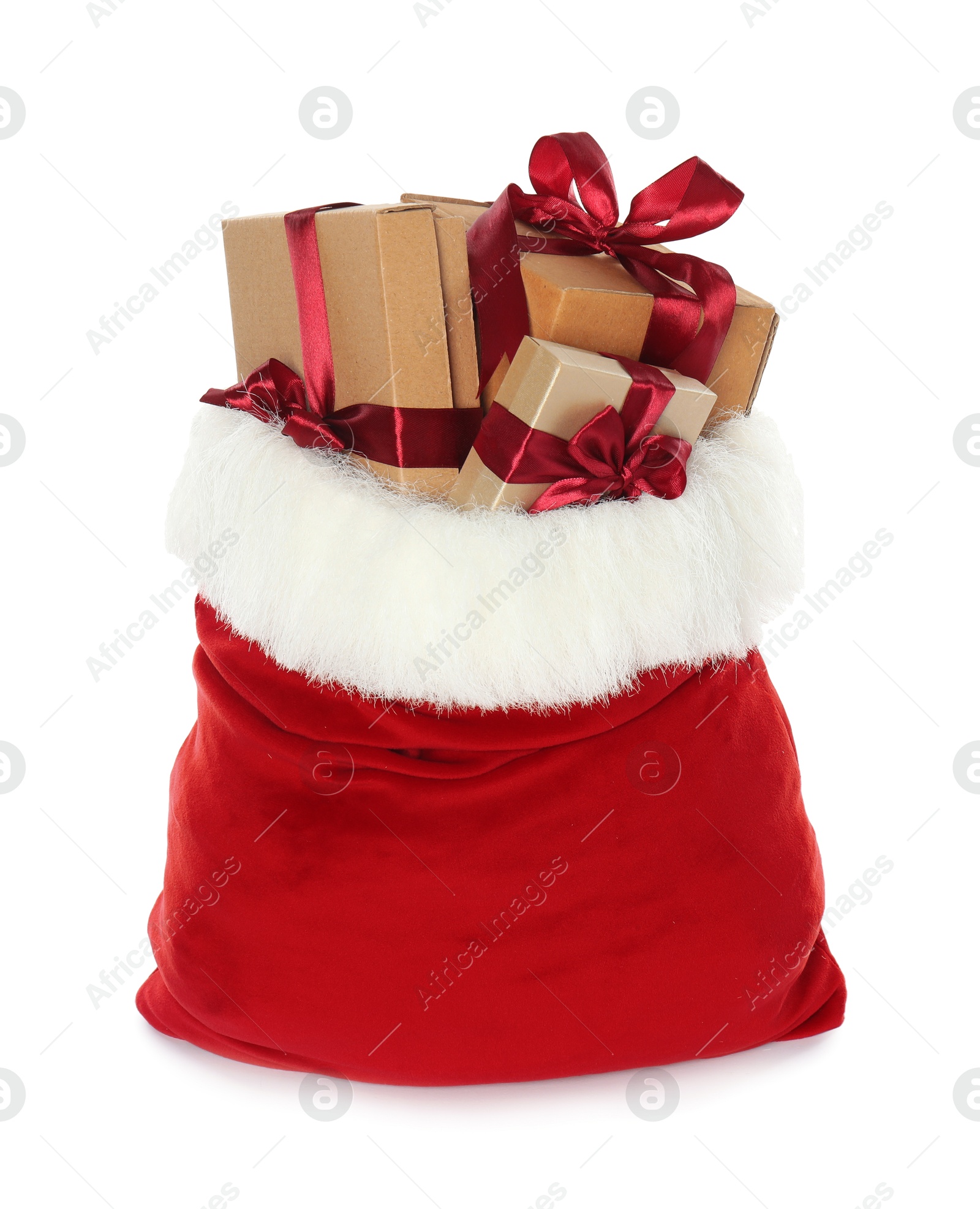 Photo of Santa Claus bag with gift boxes isolated on white