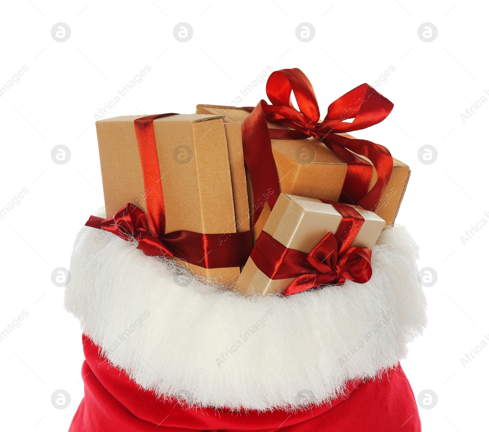 Photo of Santa Claus bag with gift boxes isolated on white