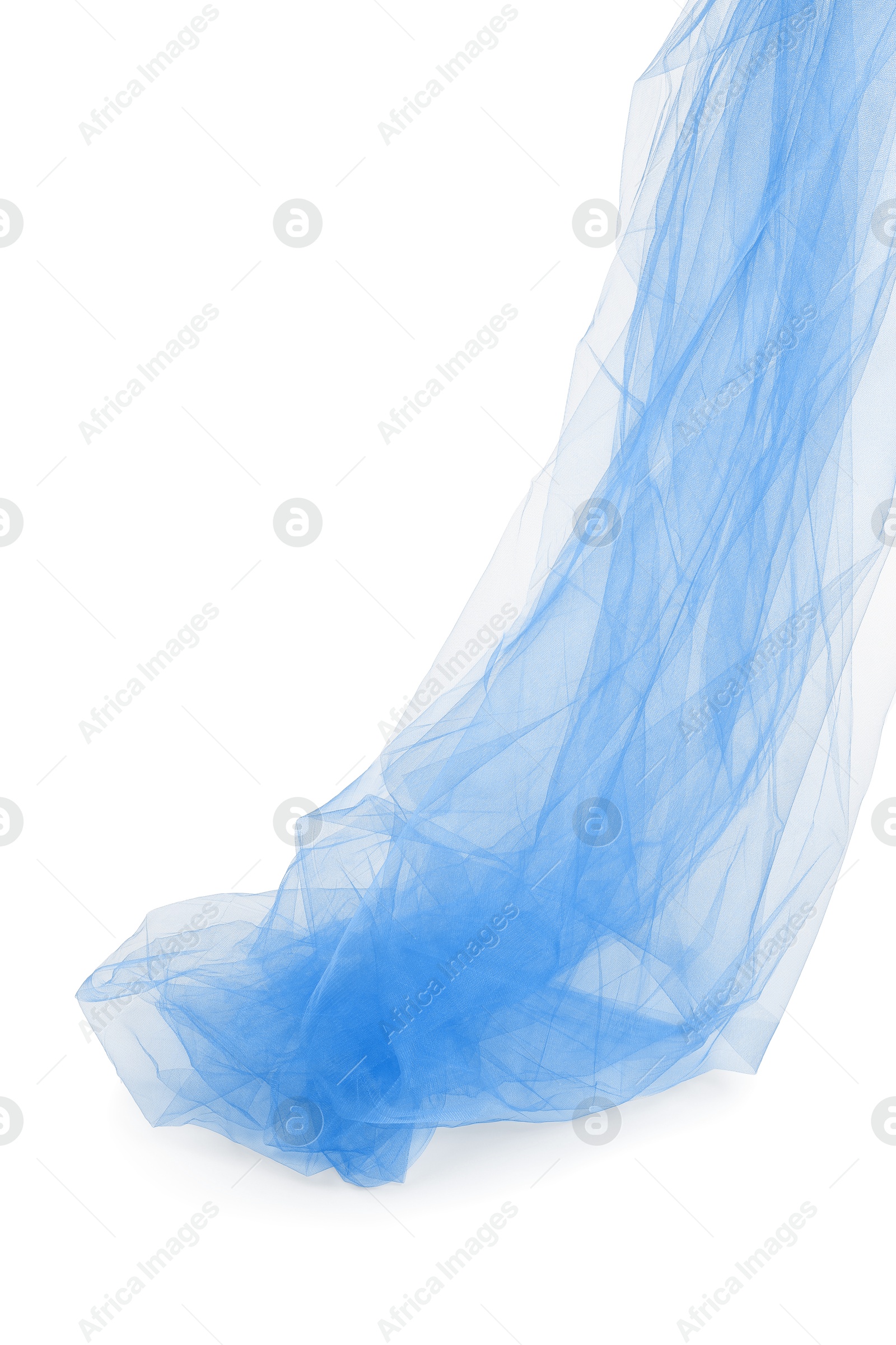 Image of Beautiful blue tulle fabric on white background