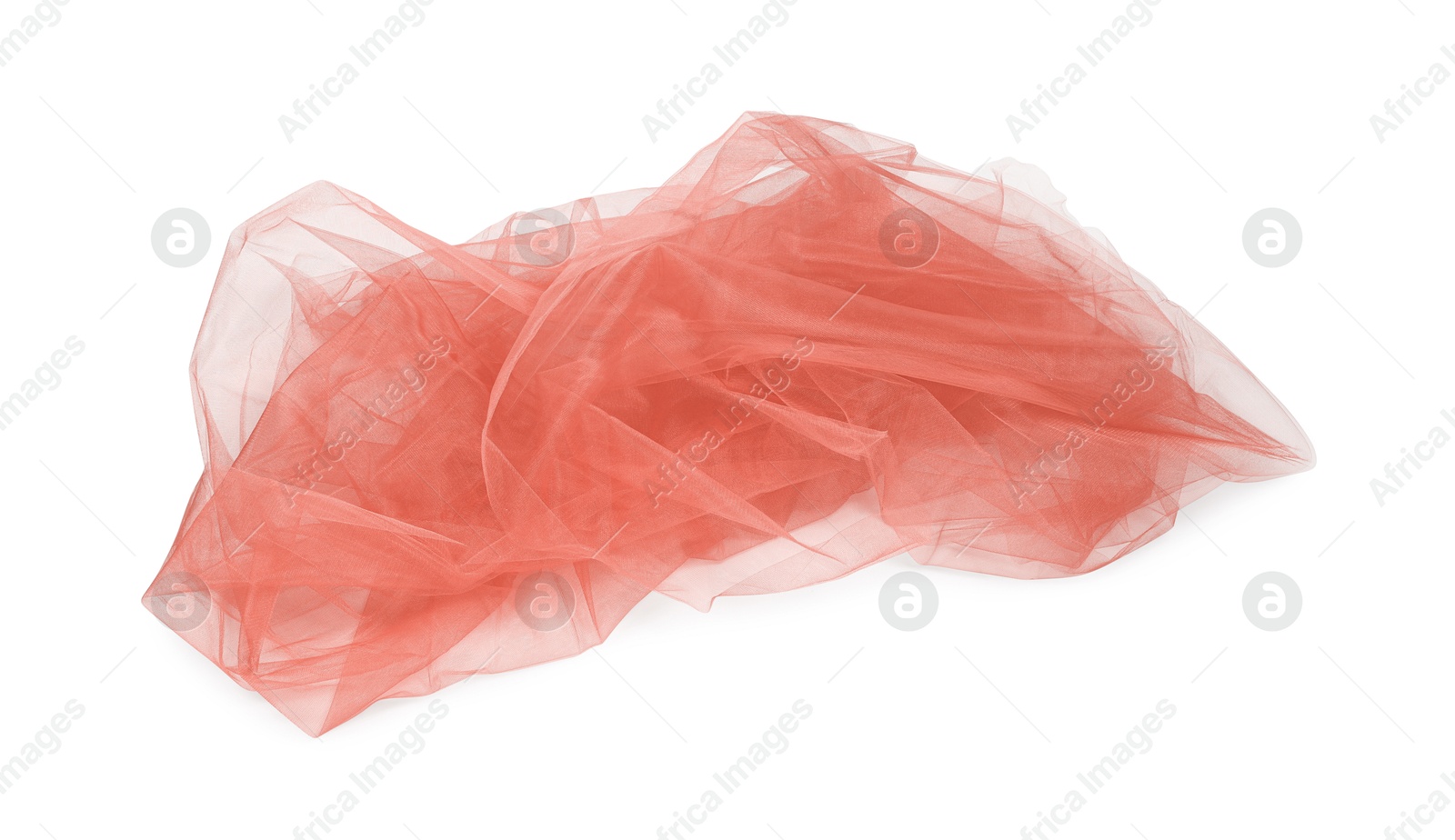 Image of Beautiful coral color tulle fabric on white background