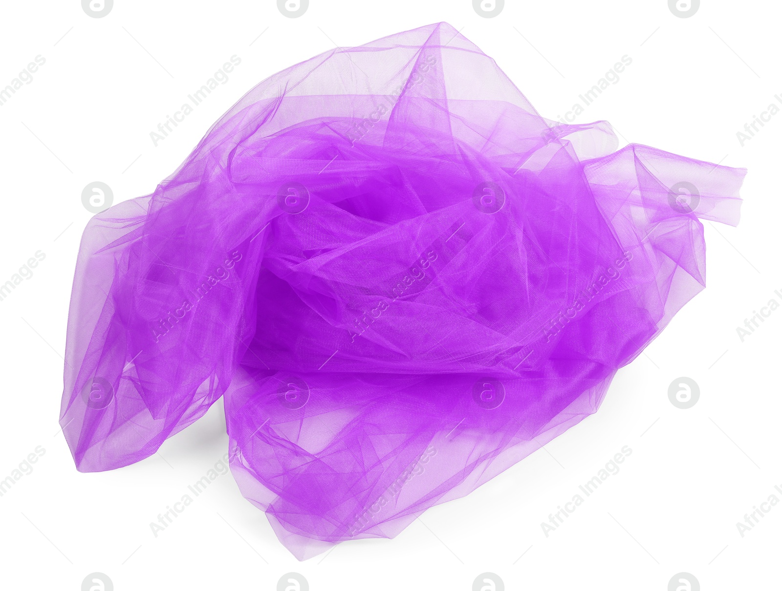 Image of Beautiful violet tulle fabric on white background