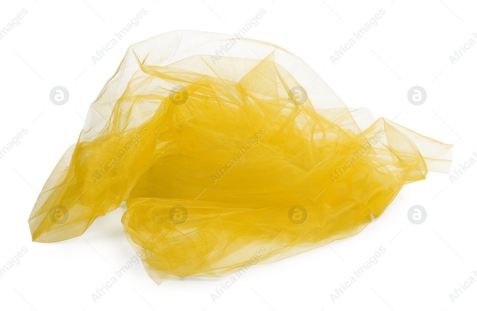 Image of Beautiful yellow tulle fabric on white background