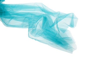 Image of Beautiful cyan color tulle fabric on white background