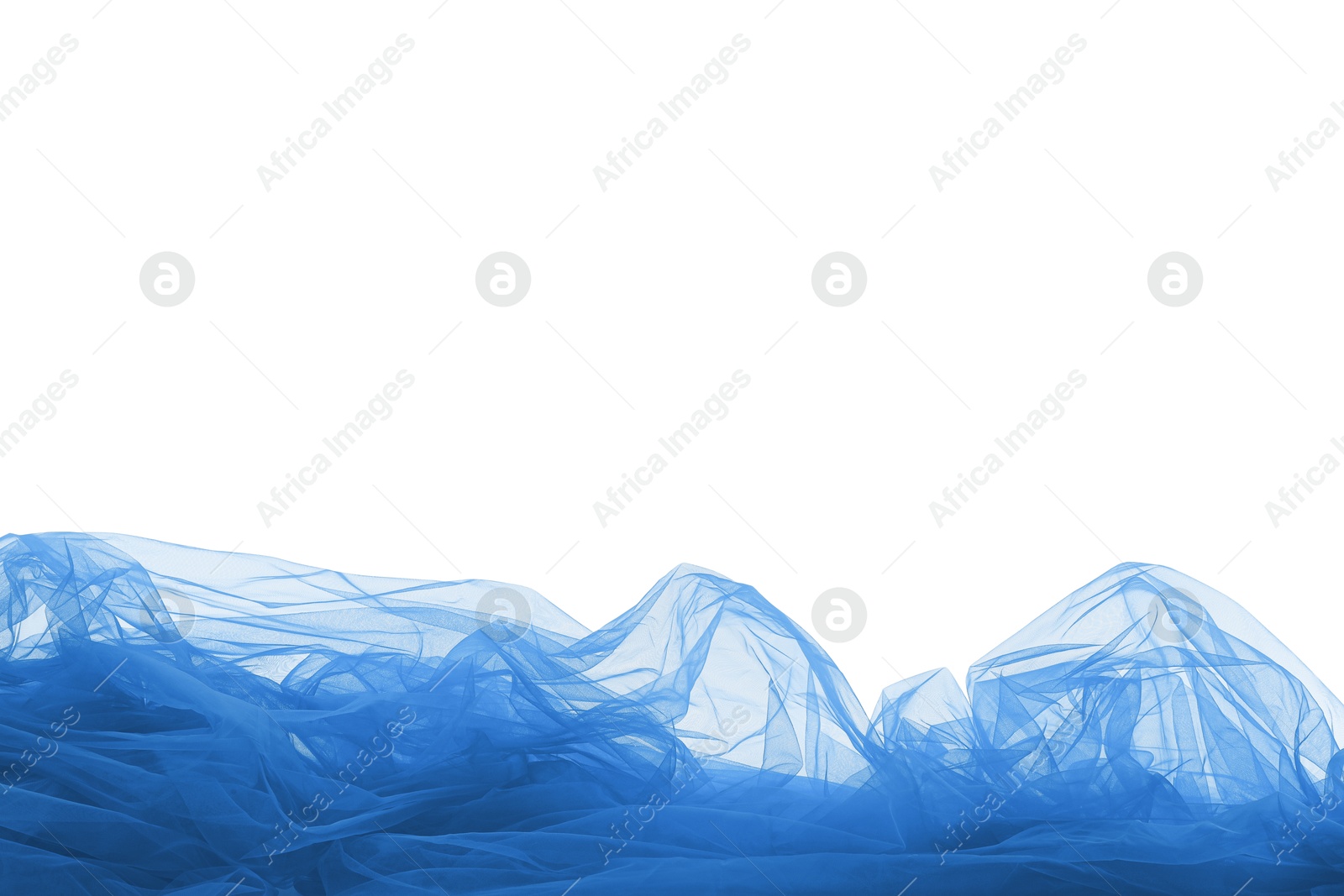 Image of Beautiful blue tulle fabric on white background