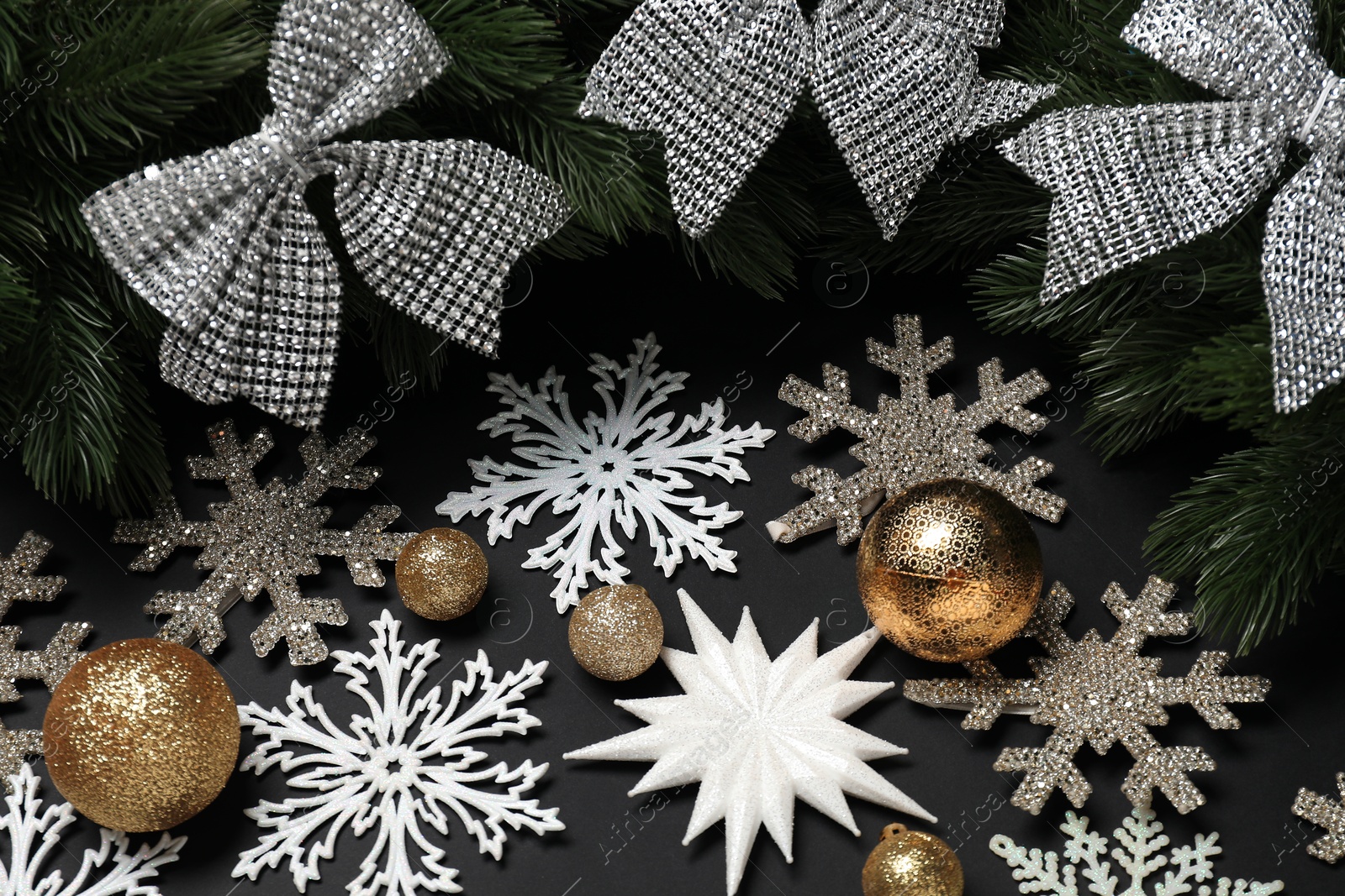 Photo of Many different Christmas decor on black background