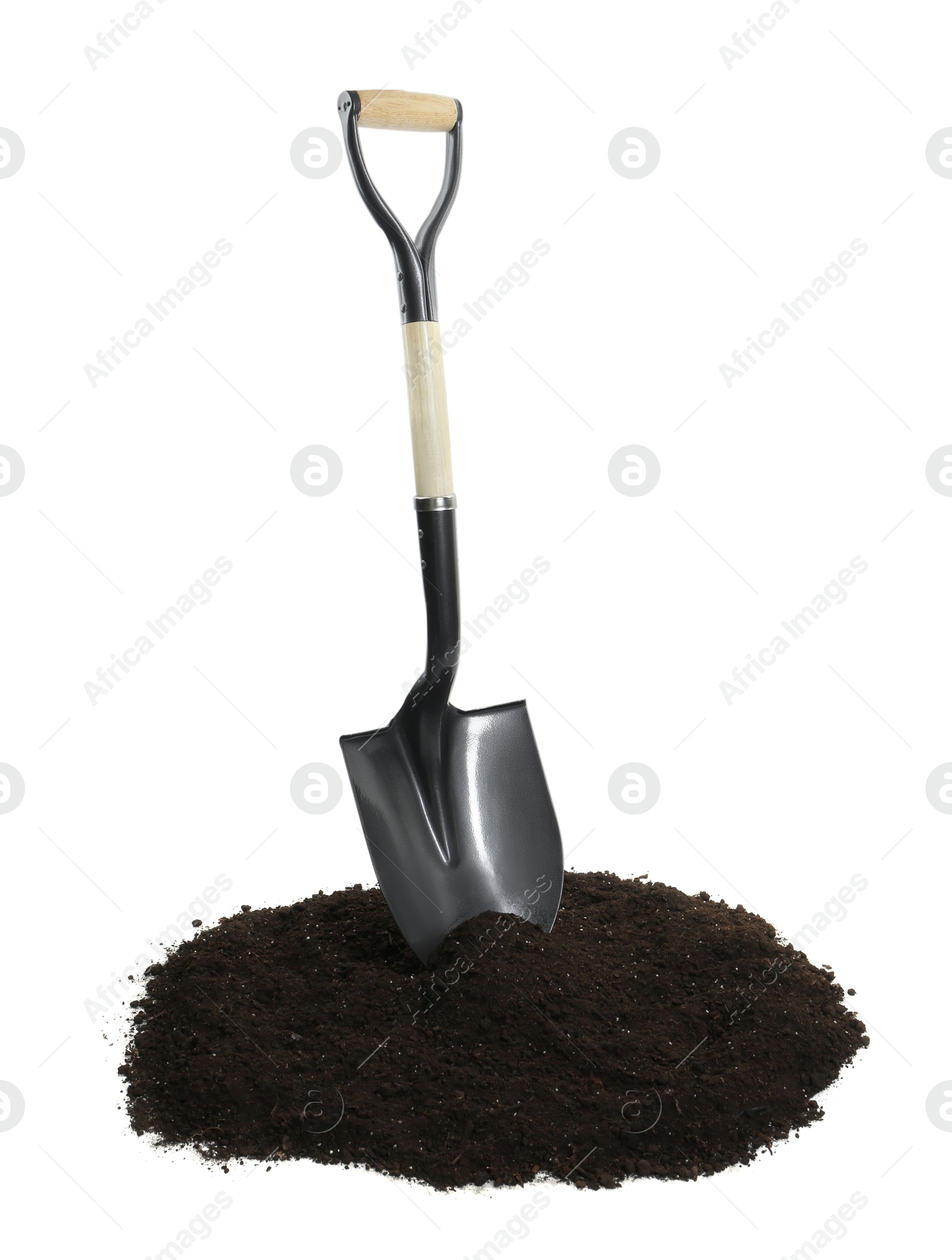 Image of One camping shovel and soil isolated on white. Hand tool