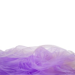 Image of Beautiful violet tulle fabric on white background