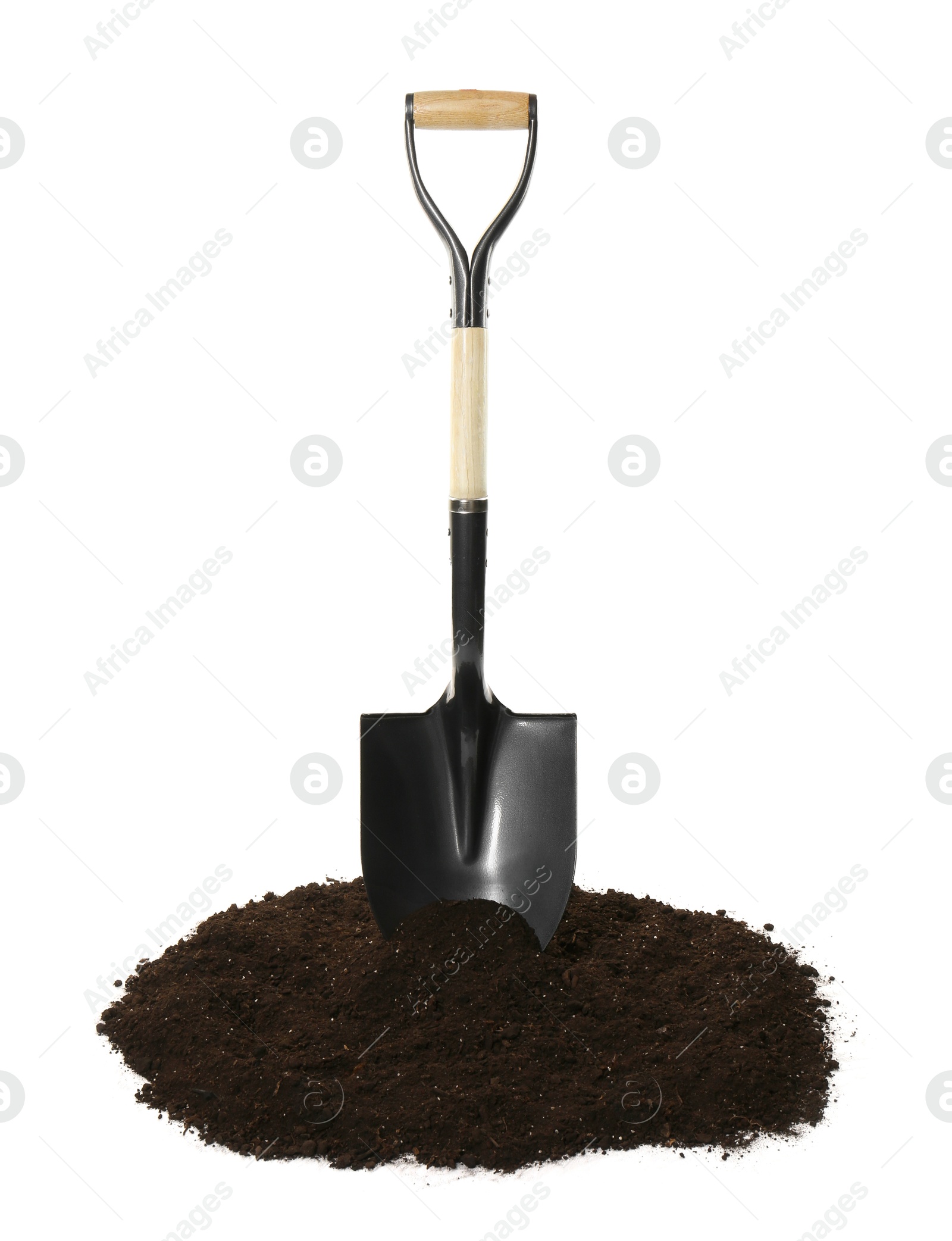 Image of One camping shovel and soil isolated on white. Hand tool