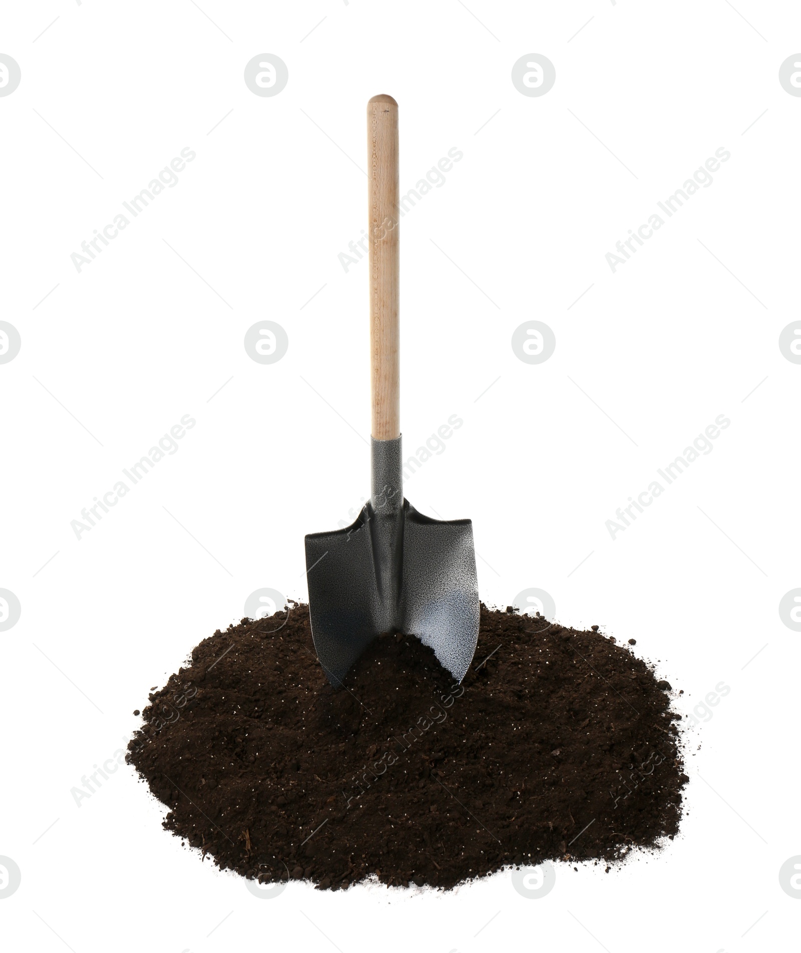 Image of One camping shovel and soil isolated on white. Hand tool