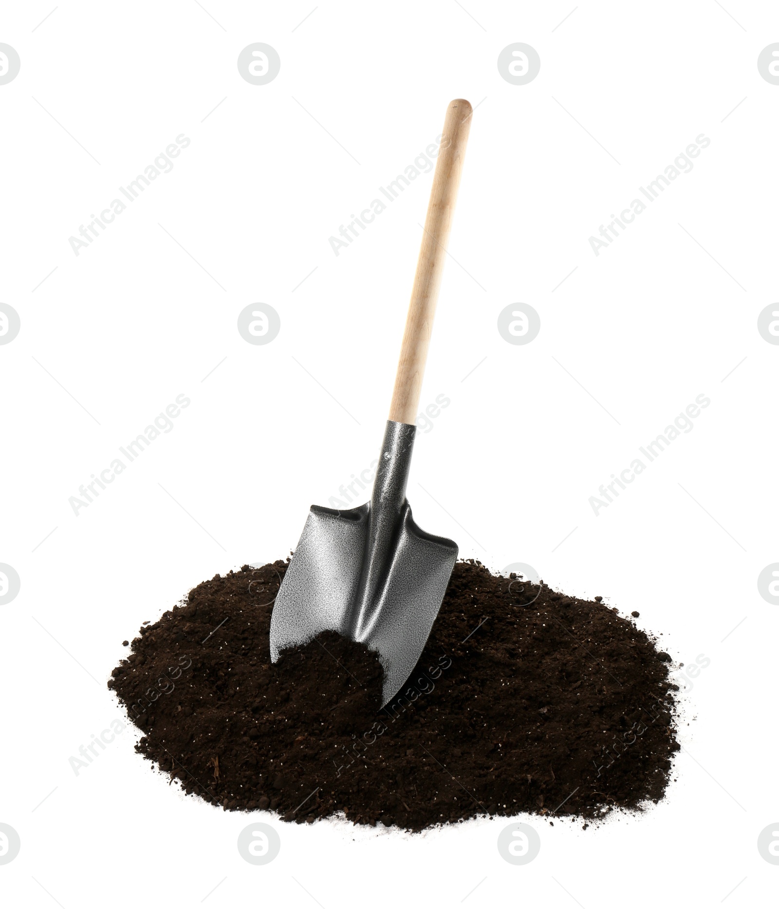 Image of One camping shovel and soil isolated on white. Hand tool