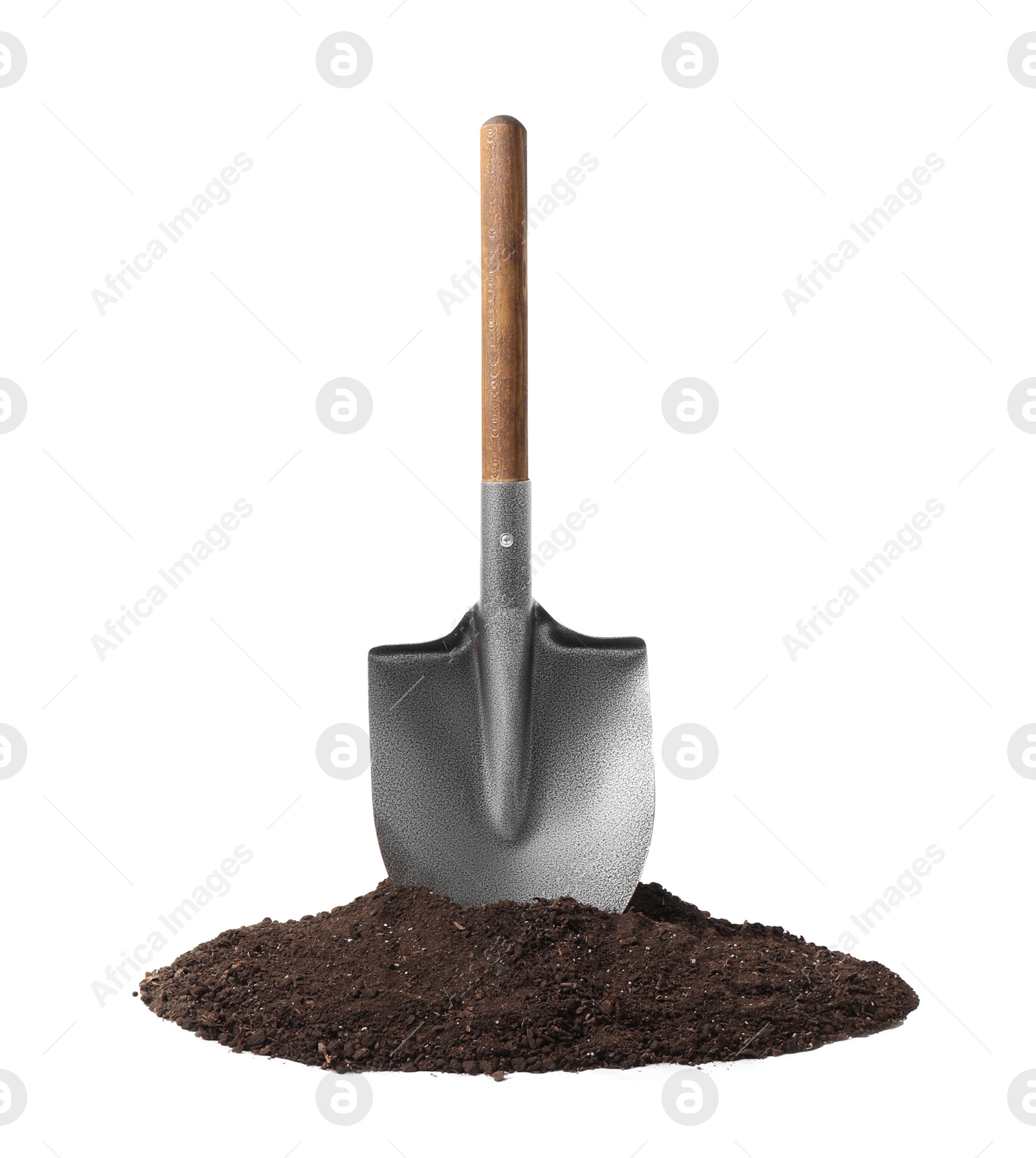 Image of One camping shovel and soil isolated on white. Hand tool