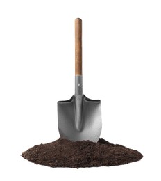 Image of One camping shovel and soil isolated on white. Hand tool