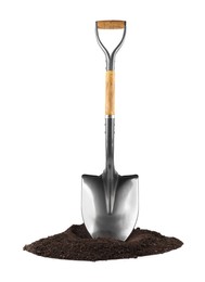 Image of One camping shovel and soil isolated on white. Hand tool