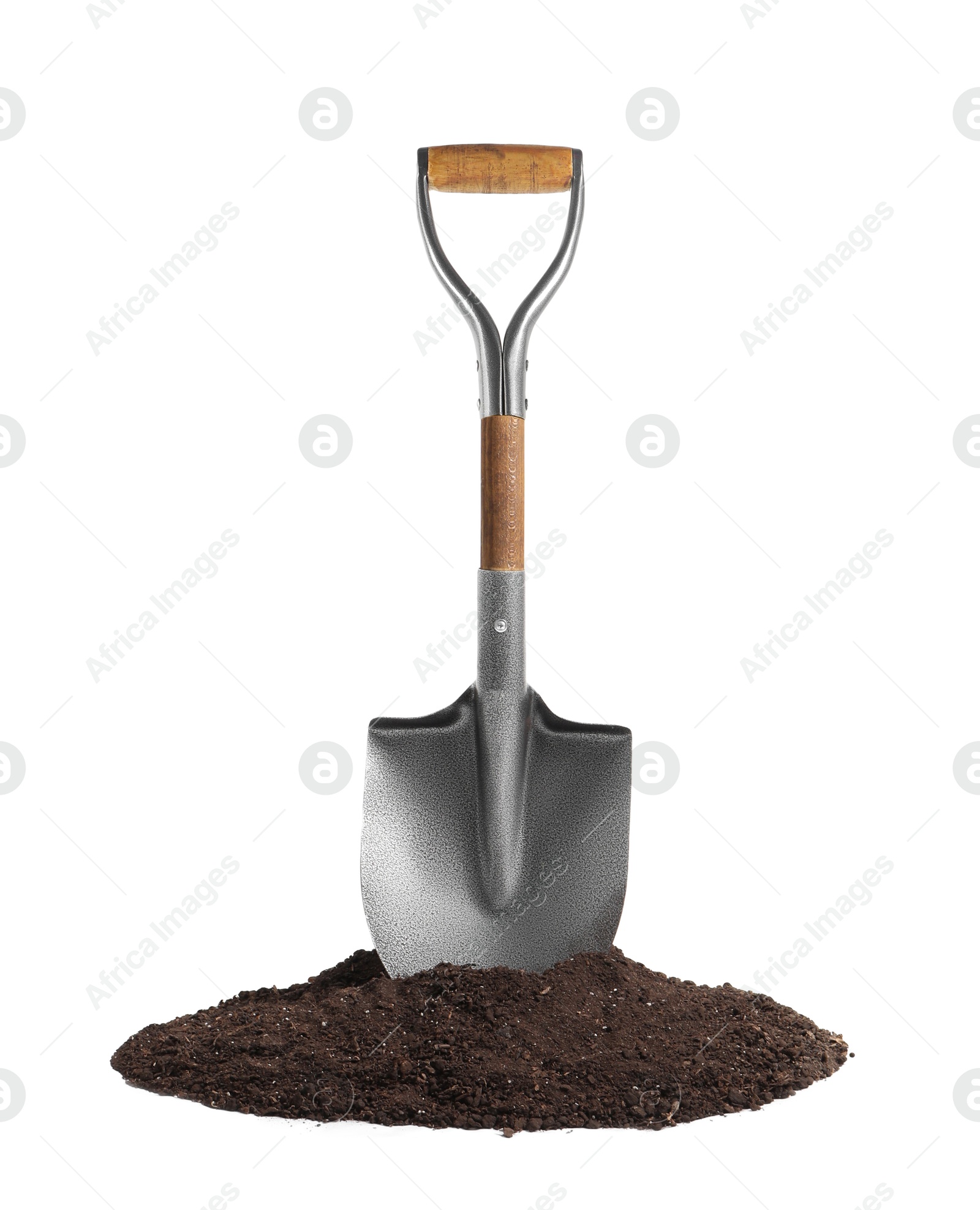 Image of One camping shovel and soil isolated on white. Hand tool