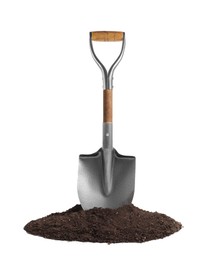 One camping shovel and soil isolated on white. Hand tool