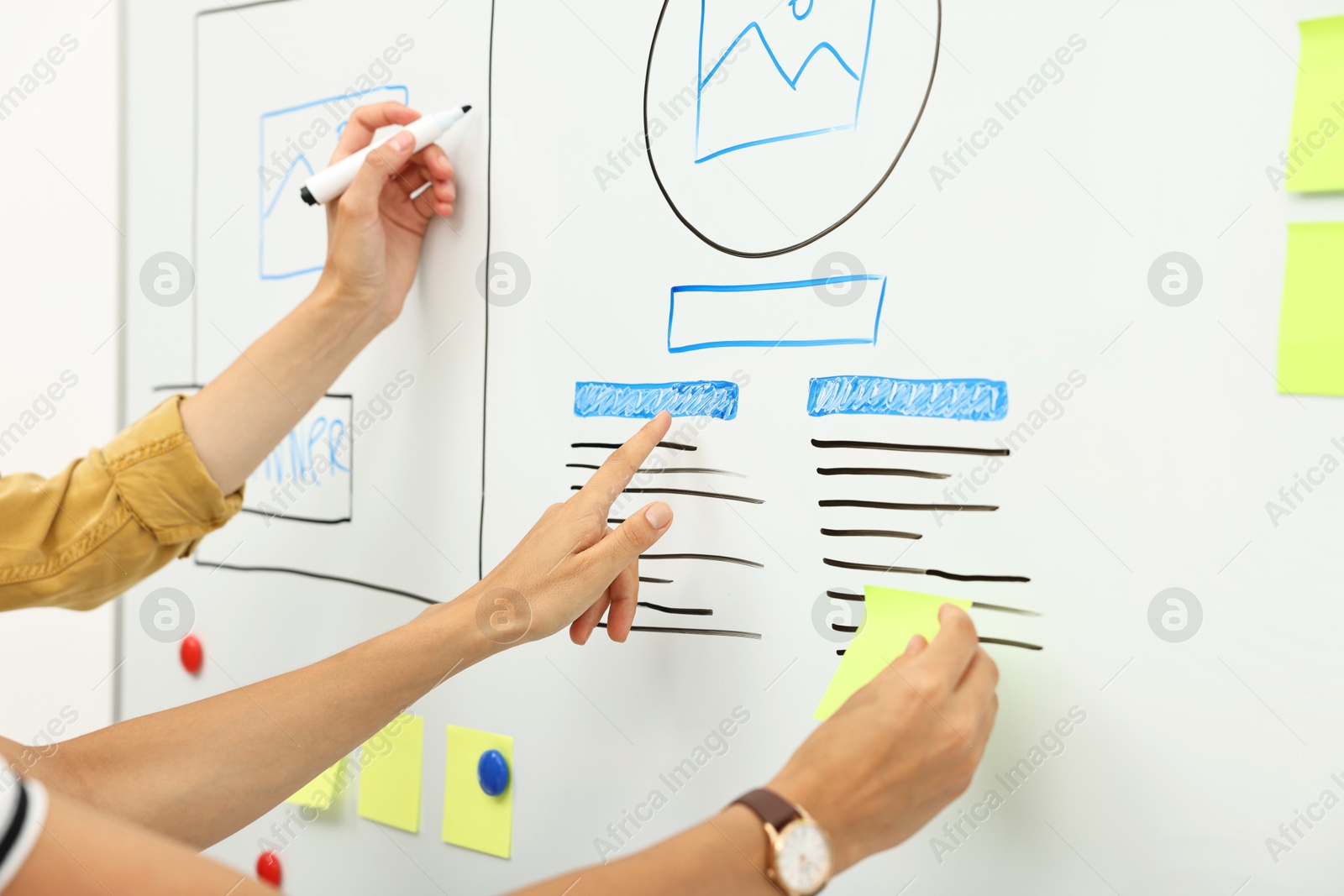 Photo of Developing UI design. Women drawing website wireframe on whiteboard indoors, closeup