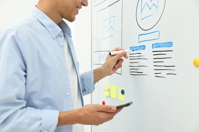 Photo of Developing UI design. Man drawing website wireframe on whiteboard indoors, closeup