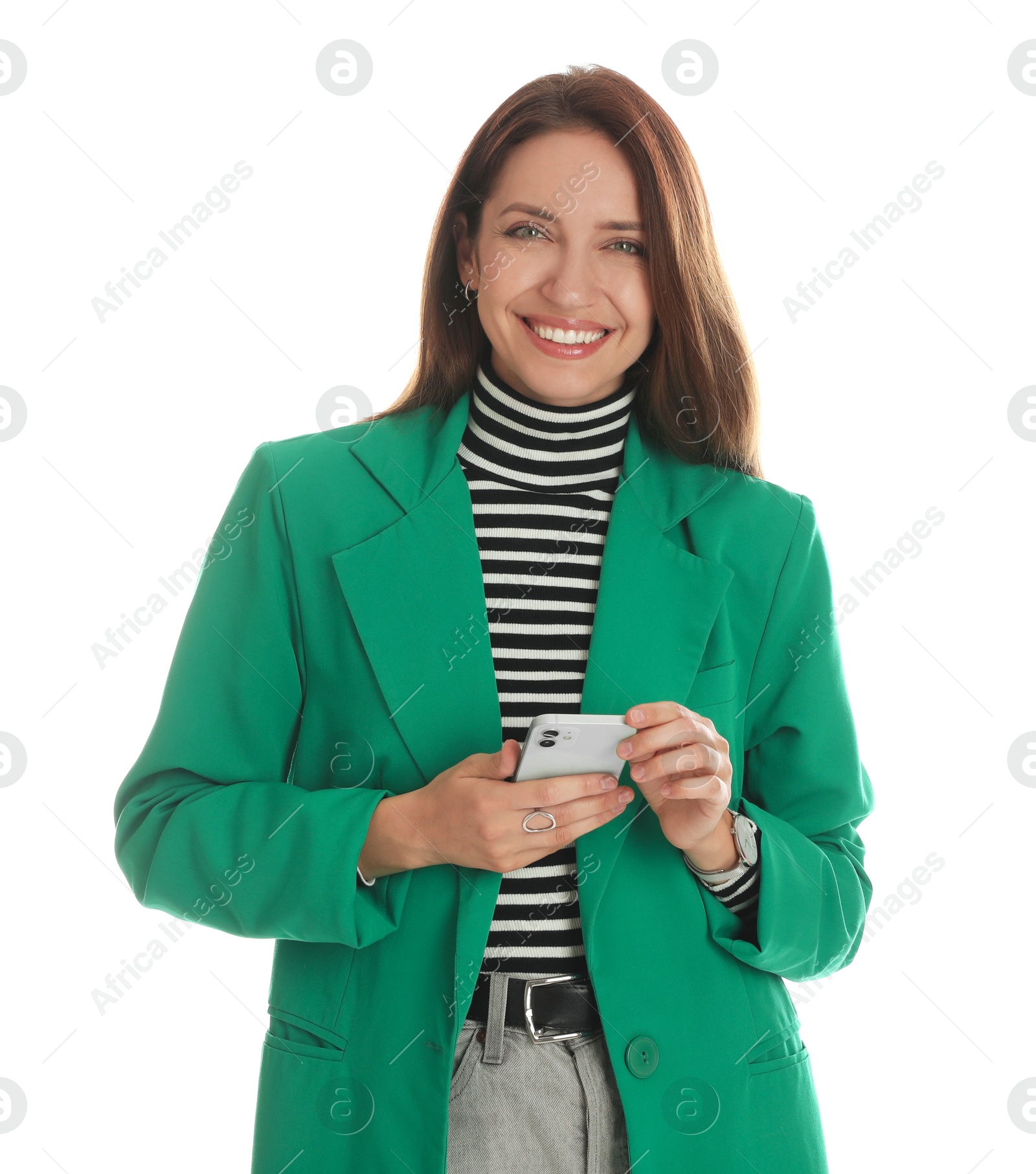 Photo of Beautiful woman in stylish green jacket with phone on white background