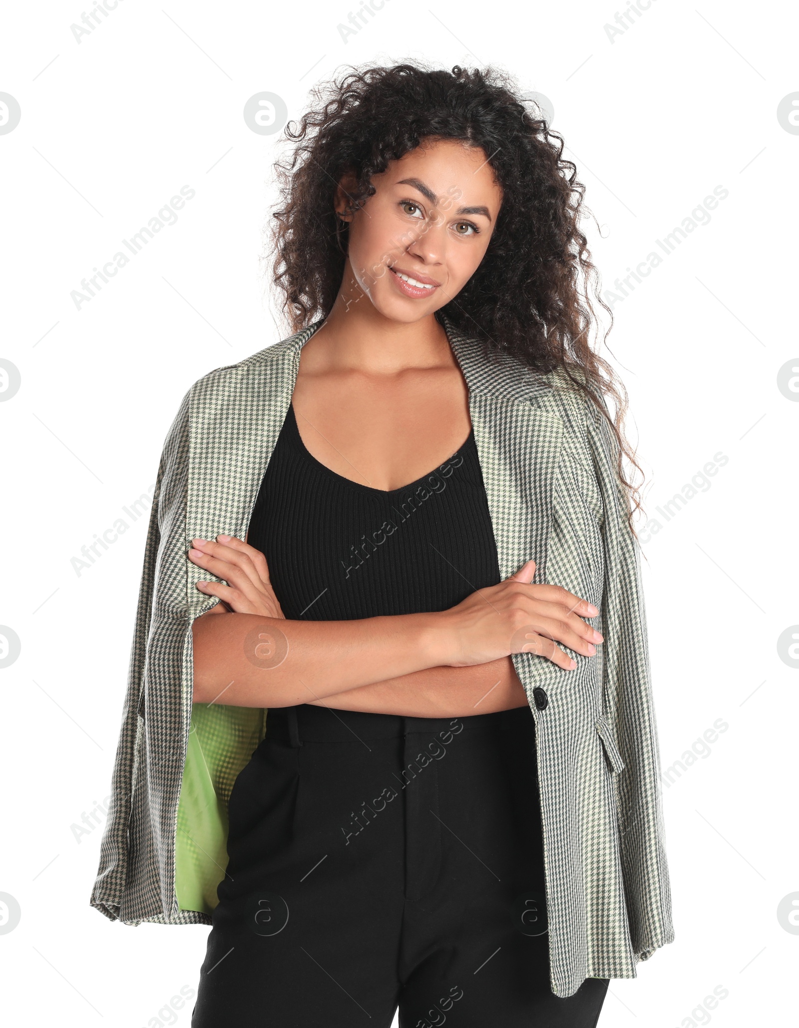 Photo of Beautiful woman in stylish jacket on white background