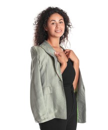 Photo of Beautiful woman in stylish jacket on white background