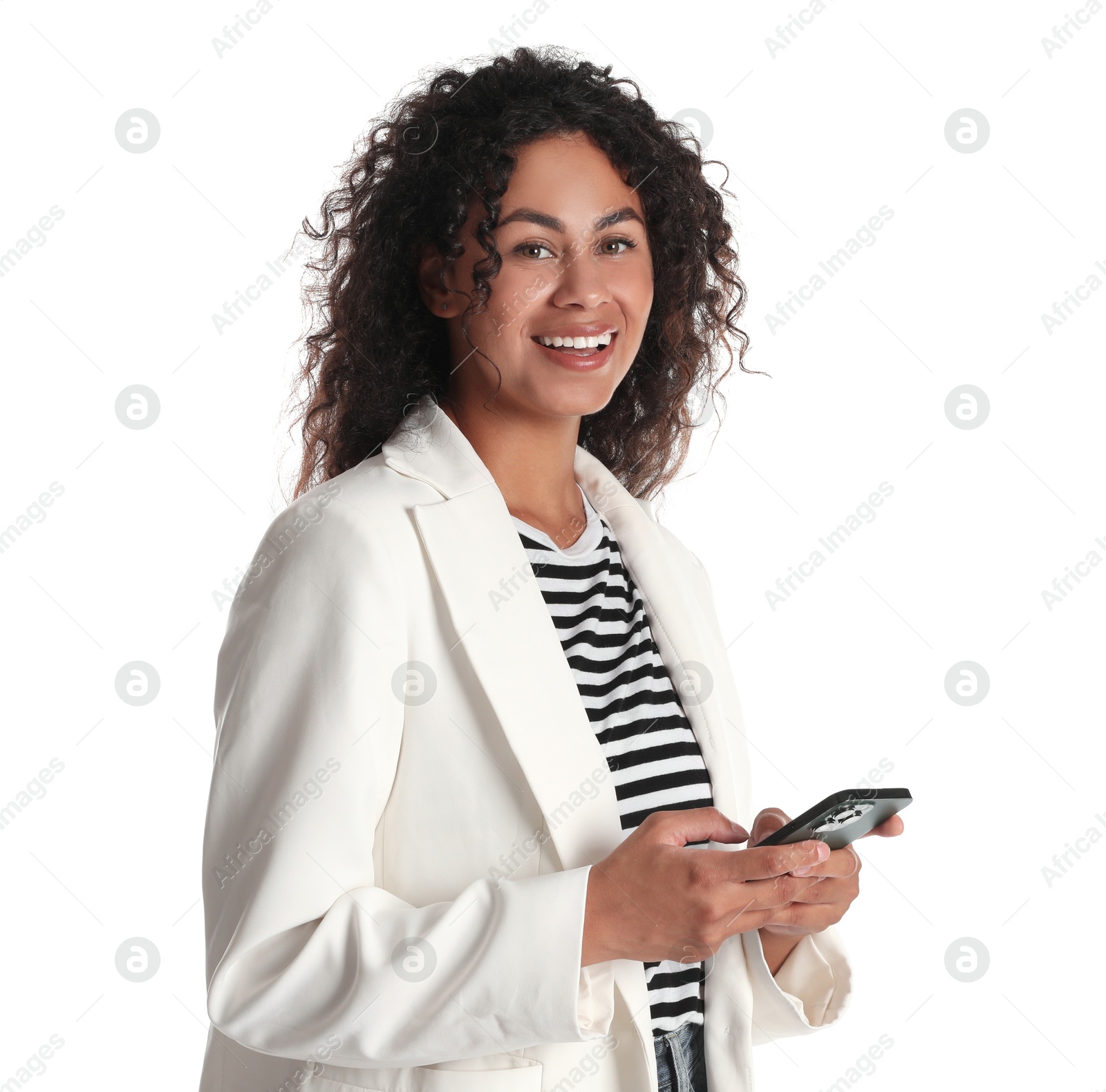 Photo of Beautiful woman in stylish jacket using smartphone on white background