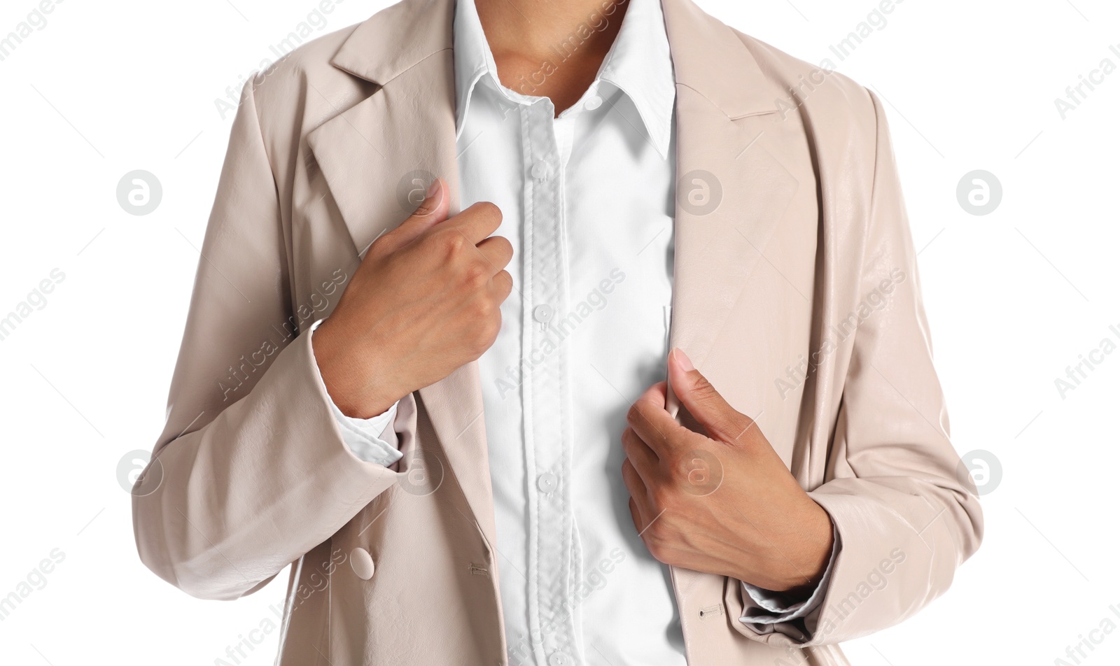 Photo of Woman in stylish jacket on white background, closeup