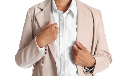 Photo of Woman in stylish jacket on white background, closeup