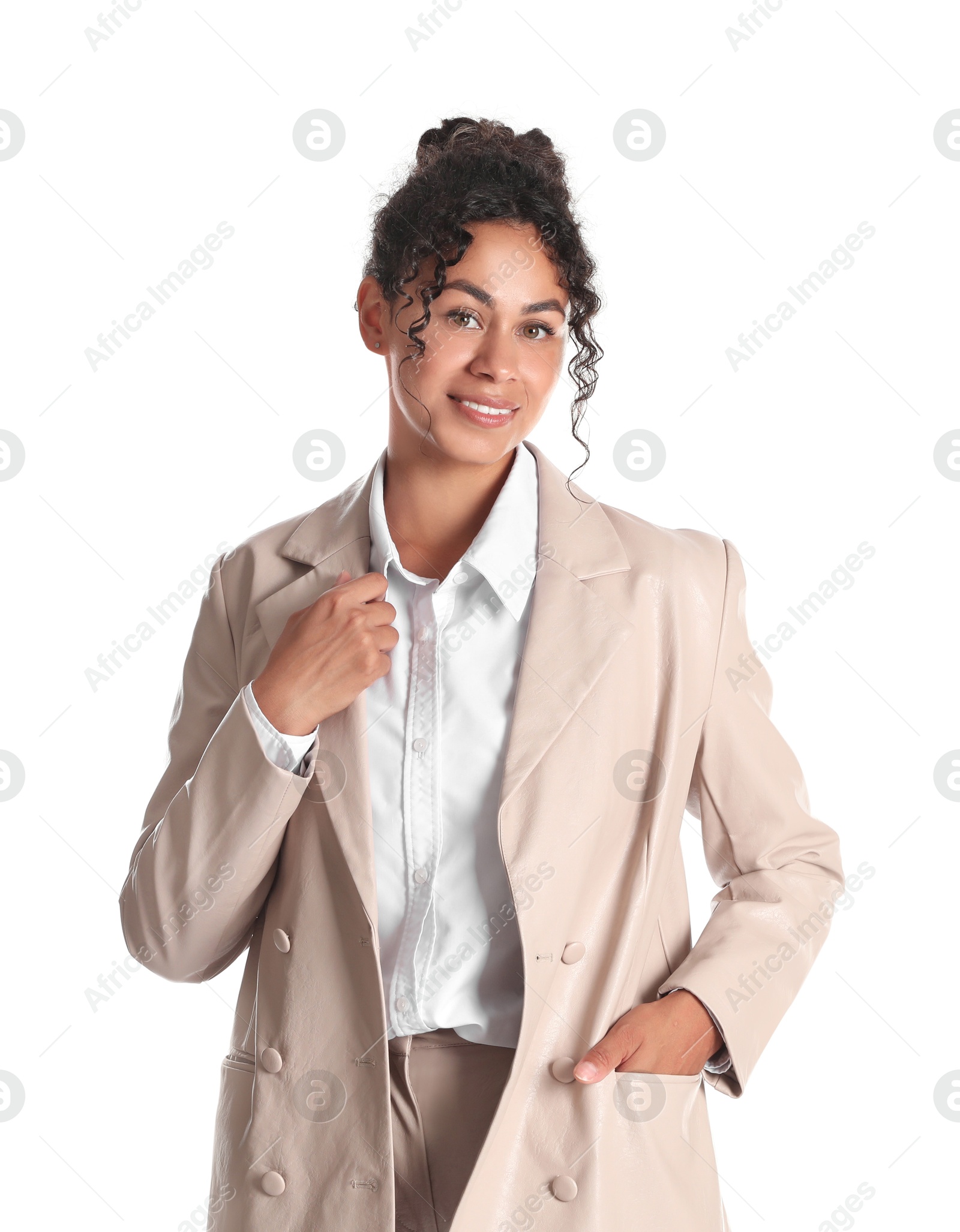 Photo of Beautiful woman in stylish jacket on white background