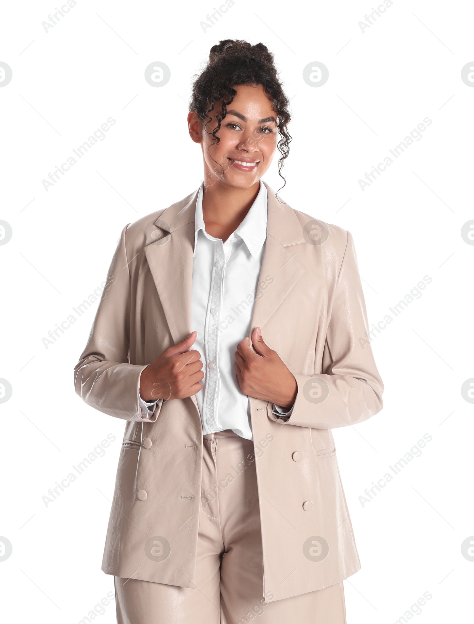 Photo of Beautiful woman in stylish jacket on white background