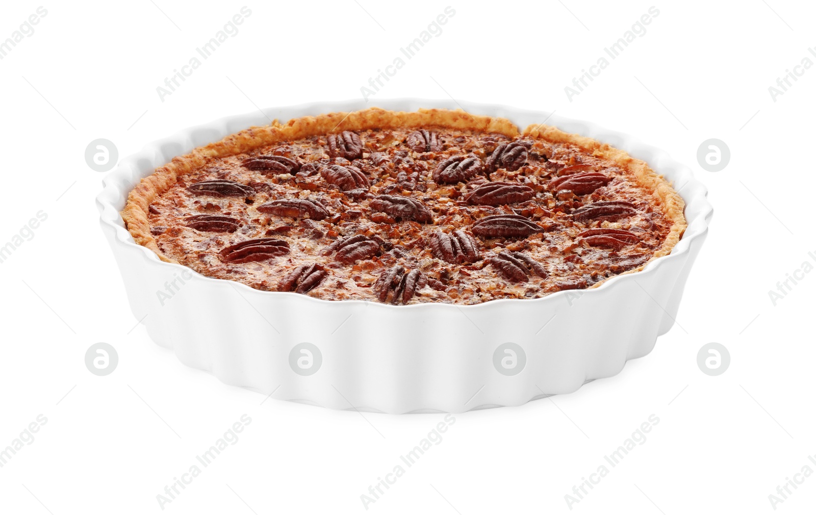 Photo of Delicious pecan pie in baking dish isolated on white