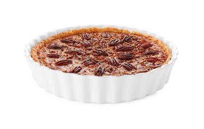 Photo of Delicious pecan pie in baking dish isolated on white