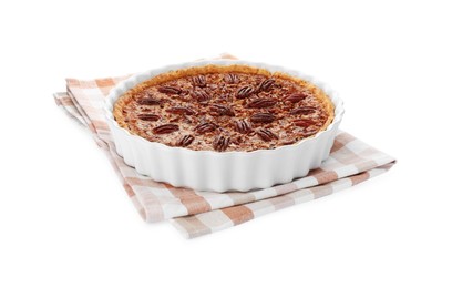 Delicious pecan pie in baking dish isolated on white