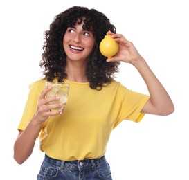 Photo of Happy woman with lemon water and fruit on white background