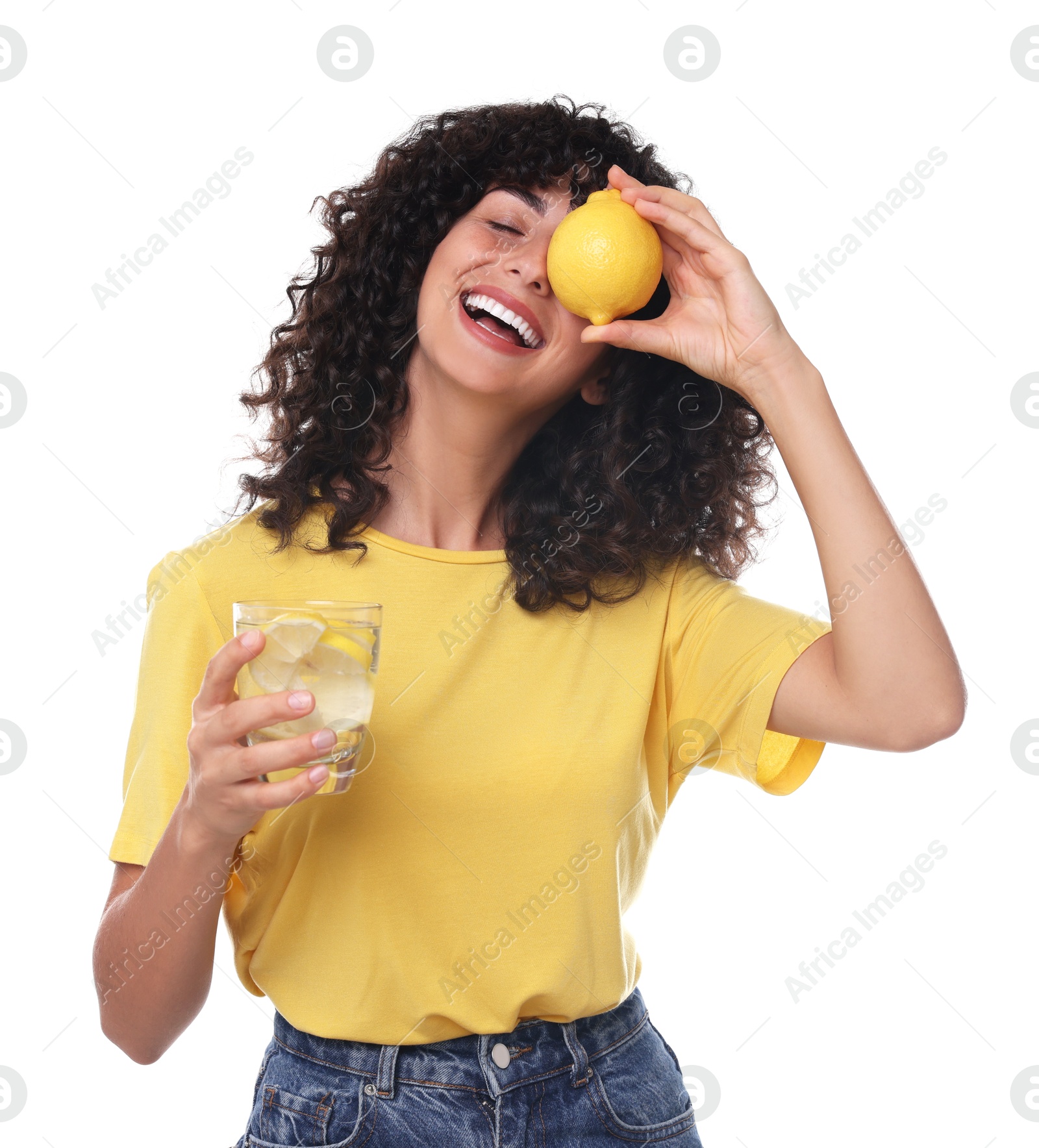 Photo of Happy woman with lemon water and fruit on white background