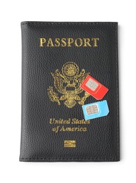 Photo of Passport and SIM cards isolated on white, top view