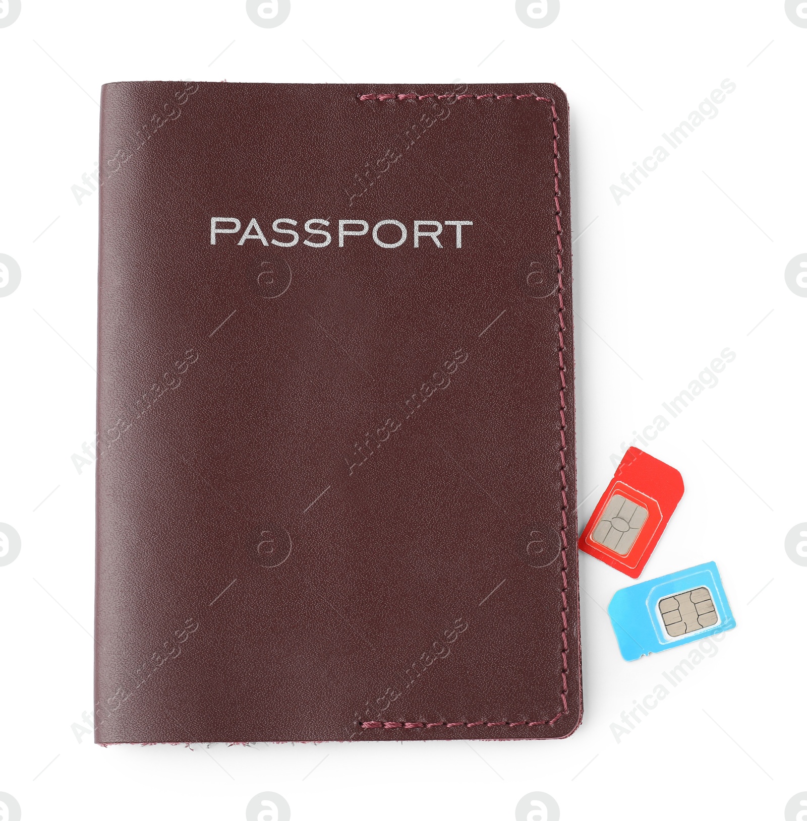 Photo of Passport and SIM cards isolated on white, top view