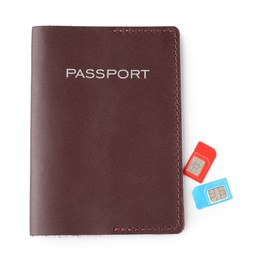 Photo of Passport and SIM cards isolated on white, top view