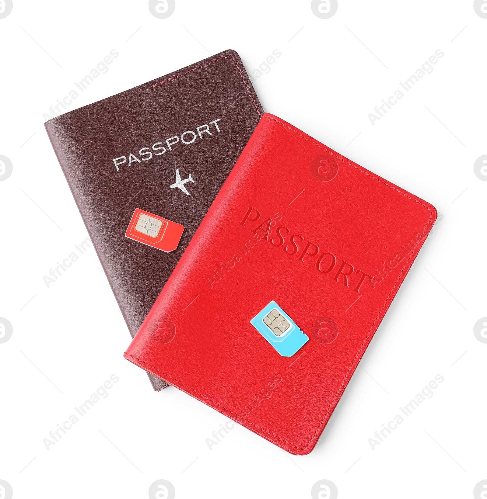 Photo of Passports and SIM cards isolated on white, top view