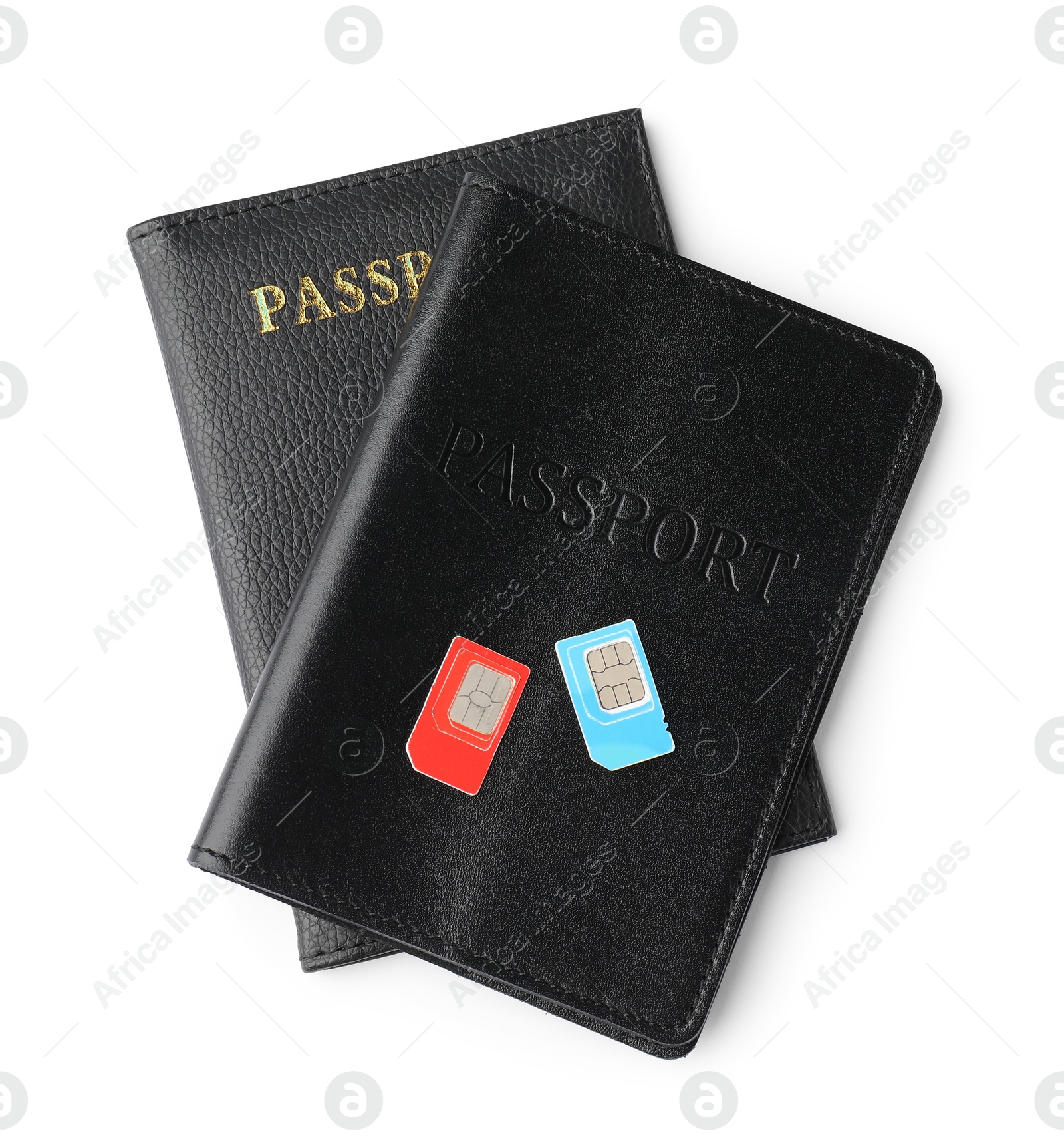 Photo of Passports and SIM cards isolated on white, top view